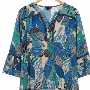 NTOUCH Blue Green Tropical Leaf Print Blouse 3X Boho Bell Sleeve V-Neck Top